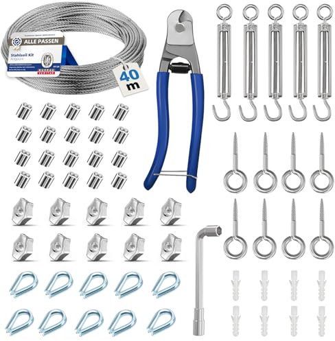 Angooni Lot de 70 Câbles en Acier Inoxydable 40 m, 3 mm d'Épaisseur, Tendeur de Câble, Kit de Tuteur pour Plantes Grimpantes, Corde à Rideaux