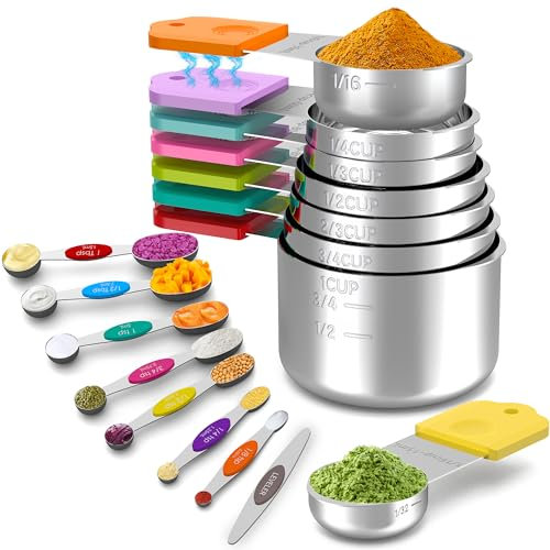 Minteem Magnetic Measuring Cups and Spoons Set with Easy to Read Markings, 8 Stainless Steel Nesting Measuring Cups, 8 Magnetic Spoons & 1 Leveler for Measuring Dry or Liquid Ingredients, Multicolor