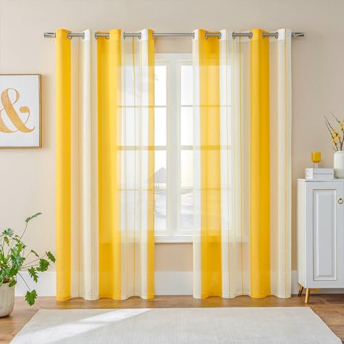 Bishilin Vorhänge mit Ösen Halbtransparent, Gardinen Gelb Polyester 2er Set Nordisch Gestreift Bicolor Wohnzimmer Küche Gardinen Lichtdurchlässig 102x244CM