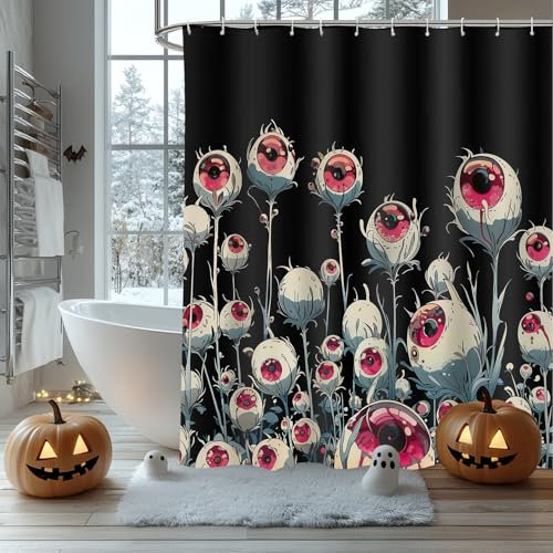 AIBIIN Halloween-Duschvorhang, Horror-Auge, Blumenmuster, Gothic-Stil, wasserdichter Stoff, schwarz, Badvorhänge für Badezimmer, strapazierfähiges Polyester-Material mit 12 Haken, 180 x 180 cm