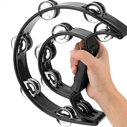 Tambourine,Tamburin Halbmond Doppelreihig Musikalische Tamborine Percussion Instrumente Tamburine mit 20 Schellen Hand Percussion Shaker Musikinstrumente für Adults Kinder Party KTV Bar Schwarz