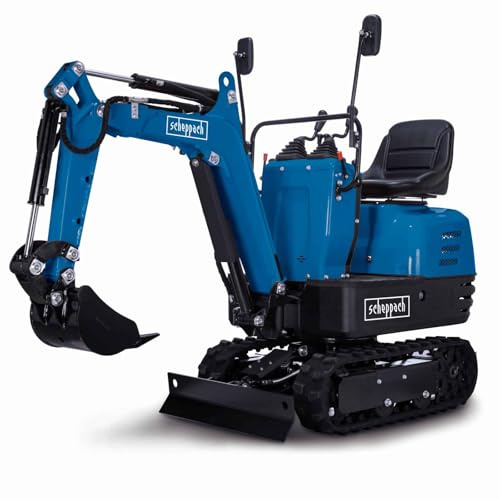 Scheppach EXC815 Mini-Pelle Thermique avec entraînement par chaîne et démarrage électrique | 8,5CV | Largeur 690mm | Profondeur d'excavation 1200mm | Portée 2330mm | Pelle et Lame niveleuse incluses