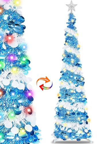 6 Feet Pop Up Christmas Tree Collapsible Artificial Christmas Tree with Timer 100 Warm Lights&Colored Change 8 Modes, 1 Minute Skinny Pencil Tinsel Tree with 3D Star for Home Fireplace Indoor Outdoor