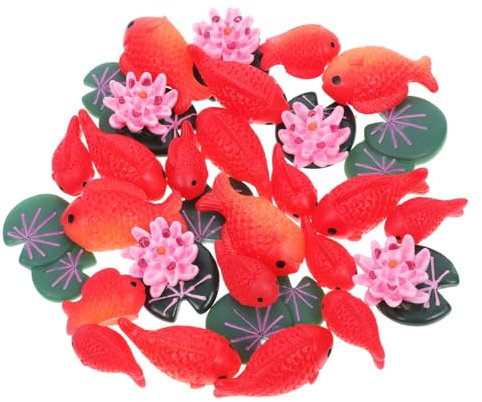 Yardwe Aquarium Deko Mikrolandschaft Miniaturfische 30 Stück (10 Große Fische 10 Kleine Fische 5 Lotus 5 Lotusblätter) Kunstharz Aquariumdekor Mediterraner Stil für Wasserbecken Zuhause Büro