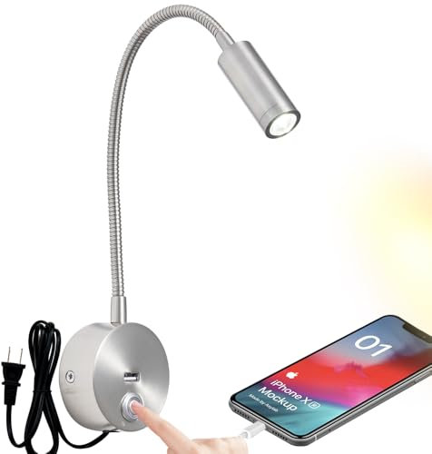 Dimmable Wall Mounted Reading Light with USB Charging Port, Plug-in LED Headboard Reading Light, Bedside Spot Wall Lamps with Flexible Gooseneck, Nickel Finished
