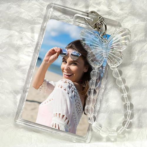 SWRCEYJH Acryl Kpop Photocard Holder Keychain, Klarer Acryl Schmetterling Kpop Fotokartenhalter, Student Bus Card Pendant Keychain Protective Photo Sleeves für Mädchen und Frauen