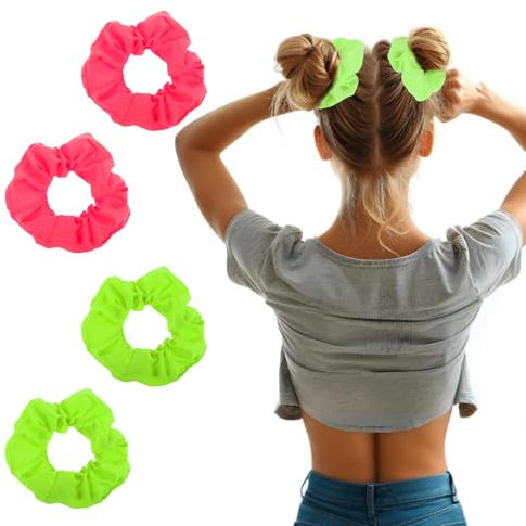 4 Stück Neonpinke Scrunchies - Seide Haargummi in Neon Hot Pink - Elastisches Satin Haarband für Pferdeschwanz - Frauen Rosa & Grün