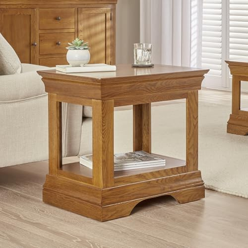The Furniture Market French Louis Oak Side Lamp Table – Elegant Solid Oak Side Table with French-Inspired Design for Living Room or Bedroom – Compact and Versatile - H 555mm x W 600mm x D 440mm