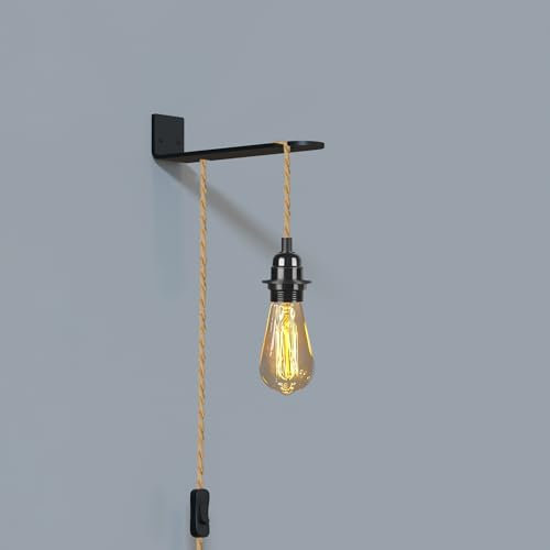 LEDSone Modern 2m Plug in Cord Wall Lamp with Wall Mount Bracket E27 Holder Suspended Pendant Light Fitting Kit, PVC Cable Plug with On/Off Switch for Living Room Bedroom