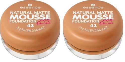 essence NATURAL MATTE MOUSSE FOUNDATION, Nr. 43, Nude, mattierend, abdeckend, Expressergebnis, matt, vegan, ohne Parfüm, ohne Alkohol, ohne Konservierungsstoffe, 2er Pack (16g)