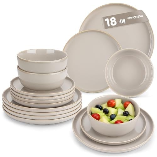 Geschirrset 6 Personen, vancasso PLAYA 18tlg Tafelservice 6 Personen Modern, Steingut Geschirrset, Beinhaltet Schüssel, Dessertteller und Speiseteller, Spülmaschinenfest, Softes Beige
