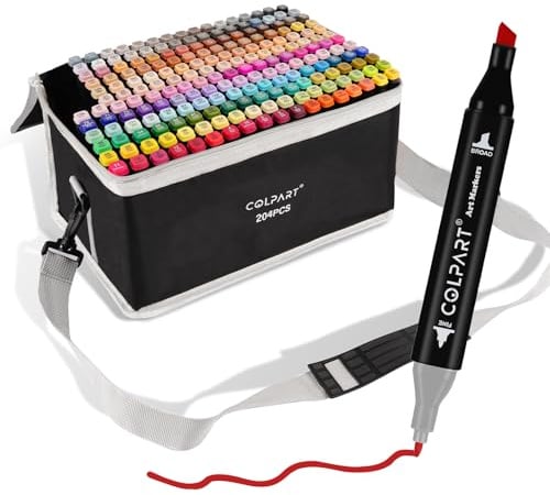 colpart 204 Farben Alkohol Marker Set – Dual Tip Art Marker Stifte für Professionelle Künstler, Illustration & Design – Inkl. Tragetasche – Premium Set für Erwachsene