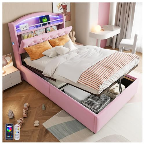 Seyakany lit Enfant 90x200, avec lumière LED Variable et Port USB de Chargement, avec tête de Rangement, avec Plaque métallique, lit Coffre, Velours, Rose