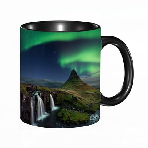 HRRASFAZF Tasse à Café | Tasse Céramique Fine | Cadeau Original | 330ml | Mug avec Anse | Cadeau Original pour Homme et Femme | aurores boréales-montagne-kirkjufell-islande-paysage-cascade-kirkjufell