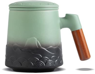 ZENS Tasse à Thé avec Infuseur et Couvercle (500 ML),Tasse en Céramique Gaufrée pour Thé en Feuilles avec Filtre Fin – Vert sauge avec Poignée en Bois, Diffuseur pour Thé Chaud
