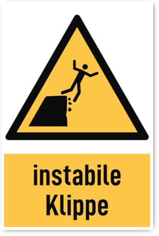 Aufkleber: 300x200 mm, 1 Stück - instabile Klippe - Warnzeichen mit Text (deutsch) (gelb/schwarz) - hochkant - W052 - DIN EN ISO 7010 / ASR A1.3