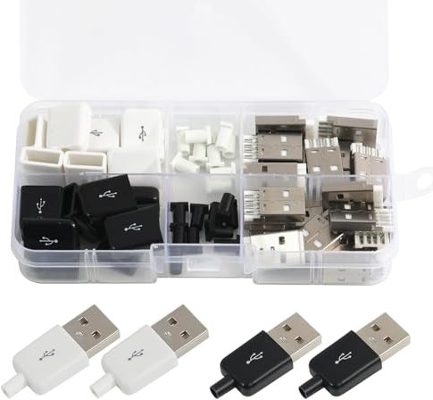 Harrisen Set di 20 connettori USB 2.0 tipo A 4 pin con copertura in plastica, connettori per moduli di supporto fai da te, adattatore per saldare fili e cavi (10 set nero + 10 set bianco)
