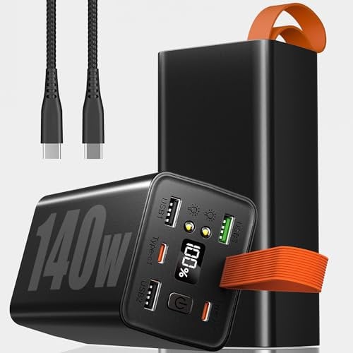 140W 70000mAh Power Bank, Laptop Powerbank USB C Input&Output, Externer Akku mit 5 Anschlüsse für 5 Geräte gleichzeitig, Digitaldisplay, Taschenlampe, Für iPhone, MacBook, Reise, Büro (Schwarz)