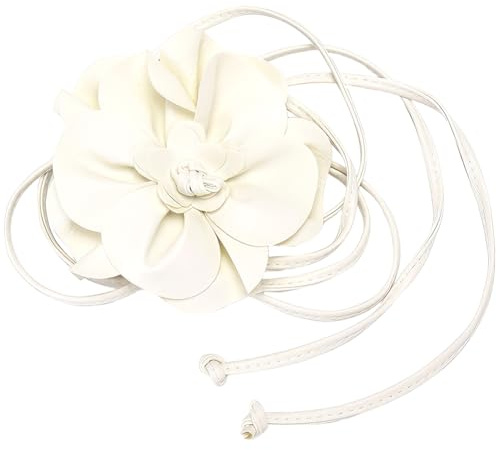 CALFOVERA White Boho PU Leather Flower Waist Band 6mm Skinny Waistband Leather Rope Tassel Thin Elegantes Big Flower Decor Belts Slim Waist Belt Strap for Women Dress Shirts Wedding