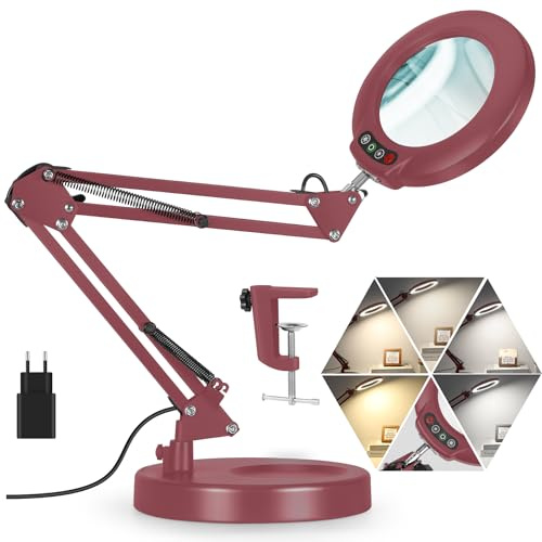 Veemagni 12X Lupe mit Licht, 5 Farbmodi Stufenlos Dimmbar 2-in-1 Schreibtischlampe und Klemme, LED Beleuchtete Lupe mit Licht und Ständer, Hände Frei für Handwerk Hobby Malerei Schließen Arbeit- Rot