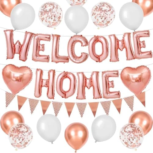 DazzJoy Willkommen Zuhause Luftballons Rosegold Set, 16 Zoll Rosegold WELCOME HOME Buchstaben Ballons mit Latex Ballon und Wimpelkett, Welcome Home Deko Luftballon für Babyparty, Familie Party
