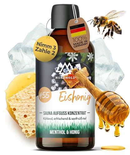 NORDHOLZ® Saunaaufguss 100ml [60 Sorten] Sauna Aufgussmittel Konzentrat | Sauna Duft · #55 Eishonig · Menthol & Honig · kühl & süß · Mit naturreinen ätherischen Ölen · Made in Bayern