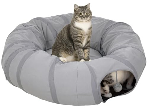 PawHut Cat Tunnel with Bed Large Foldable 2 in 1 Cat Play Tunnel Bed Grey | Donut Bed, Indoor, Ball & Peek Hole, Interactive Toys, Kitten Puppy Rabbits Dachshund