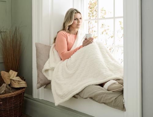 Deyongs Cable Sherpa Heated Throw 140x180cm | Electric Blanket in Cream | Textured Jacquard Sherpa | Machine Washable | Soft Heated Winter Throw | British Design