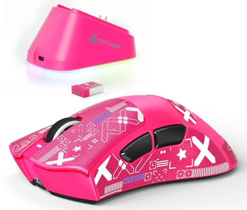 ATTACK SHARK V3PRO Kabellose Gaming-Maus mit Magnet-Ladedock, PixArt PAW3311 Sensor, bis 25000 DPI, BT/2.4Ghz/Kabel, 100M Klicks, 500mAh, 65g Ultraleicht für PC/Xbox/Mac -Brombeerrot & Band