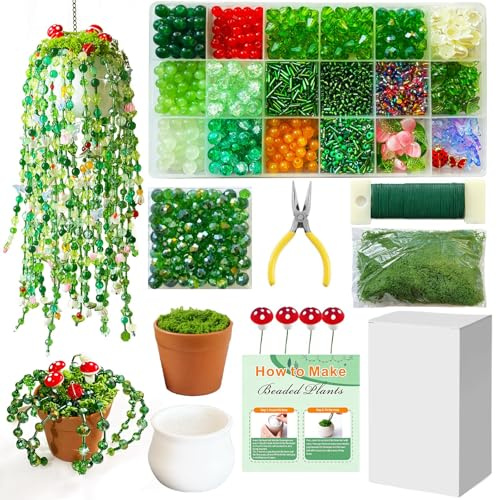Nymora Green Glass Beads Set - Beaded Plant Kit with Green Beads, Leaf Beads & Flower pots, pliers for Succulent Making, Bead Plant & Flower Kit