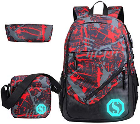 SellerFun Teenage Boy Girl Unisex Multifunctional School Bag Backpack with Florescent Mark(ColorG 3 Sets,20L)