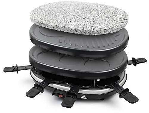 Todeco - 3 in 1 Raclette-Set, Grill mit Naturstein - Material: 304 Edelstahl - Strom: 900 W - Schwarz, Vollständiger Satz Grillplatten