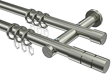 INTERDECO Gardinenstange 20 mm 2-läufig, moderne Vorhangstange aus Metall, Edelstahl-Optik, zur Wandmontage, Typ 10203812, 160 cm