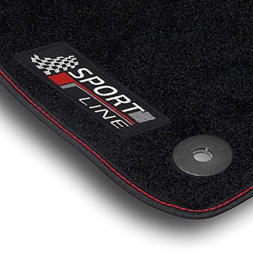 Bär-AfC Auto Fußmatten Sport Line passend für Seat Ibiza 6L 2002-2008, Autoteppiche Nadelvlies Schwarz, Bandeinfassung mit Roter Ziernaht, Stick Rot & Grau, Set 4-teilig, SE03459