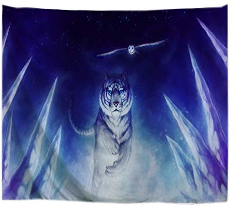 A.Monamour Wanddekor Wandteppiche Tiger Eule Fliegen In Blau Galaxie Himmel Mysteriösen Nacht Halloween Urlaub Abstrakt Druck Textilgewebe Wandbehang Tapisserie Wandkunst Dekore Picknickdecke