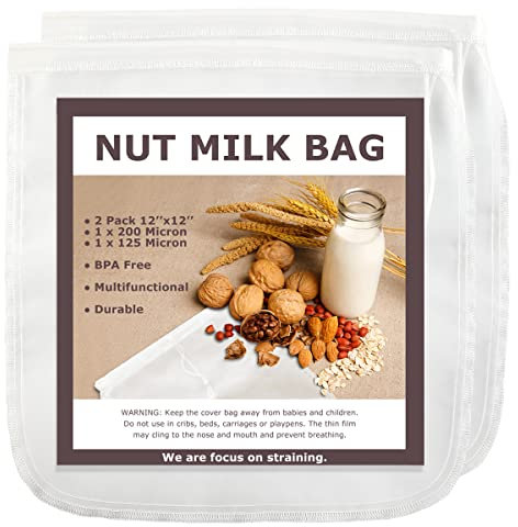 SCENGCLOS Nut Milk Bags, 12x12, 2 Pack, Reusable Nylon Food Strainer, Multi-use Food Grade Filter for Almond Milk, Juice, Tea, Cold Brew Coffee(1x200 Micron & 1x125 Micron)