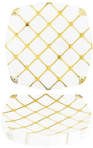 MATANA 20 Weiße Plastikteller mit Goldmuster (Eckig, 25cm) - Kunststoffteller Gold, Partyteller für Hochzeiten, Geburtstage & Partys - Elegantes & Stabiles Partygeschirr
