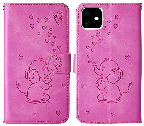 Tiyoo Embossed Love Heart Phone case for iphone 11 Elephant Butterfly Pattern Folding Stand PU Leather Wallet Flip Cover Protective Case with Card Slots, Magnetic Closure (Purple Red)