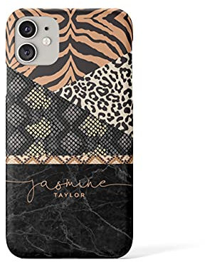 Tirita Personalised Phone Case Compatible with iPhone 11 Pro Hard Cover PRINTED GLITTER, NOT REAL GLITTER Animal Print Snake Rose Gold Leopard Skin Giraffe Tiger Africa Custom Initials