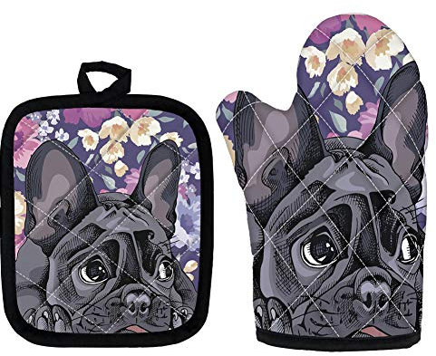 HUGS IDEA Ofenhandschuhe mit französischer Bulldogge, niedlicher Cartoon-Tierhund, hitzebeständig, Kochhandschuhe für Küche, Grillen, Kochen, Backen, Grillen, Topflappen