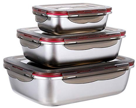 3 Pieces Stainless Steel Food Container with Lids Leak-Proof Meal Prep Food Containers Metal Food Storage Container Set for Freezer Fridge Oven Dishwasher Safe, 600ml/ 1500ml/ 2900ml