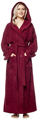 Arus Damenbademantel mit Kapuze, knöchellang, Baumwolle, L-XL Lang, Bordeaux