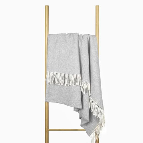 Morbida Coperta in Lana Merinos 140x200 con 10% Cashmere – Coperta Calda per Letto e Divano, Copriletto Invernale con Frange, Elegante Plaid per Divano e Sofà – NOSTRA Andora