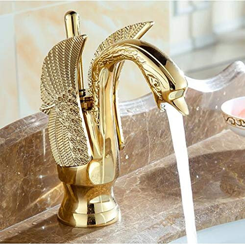 Sink Taps Gold Swan Basin Tap Ti-PVD Messing Keramikhahnplatte Platte Spulenhalter Deck montierte Einzelgriff Kupferarmaturen 1. (Color : Swan, Surface Finishing : Brass)