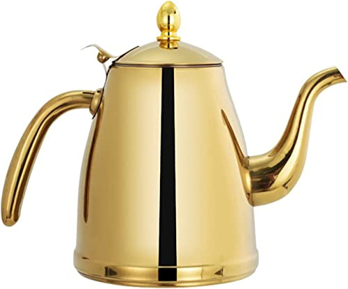 TANFEI Hervidor de cuello de cisne de acero inoxidable tetera silbante calentador agua hervidora, jarra de café, jarra de bebidas, jarra de agua para estufa (1,5 l, dorado)