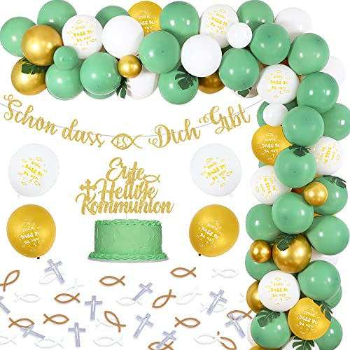 Taufe Deko Grün Gold Weiß, Kommunion Deko Set für Junge Mädchen, Schön Dass Es Dich Gibt Banner Luftballon Girlande Kreuz Kommunion Taufe Tischdeko, Fisch aus Holz, Tortenaufsatz zur Taufe