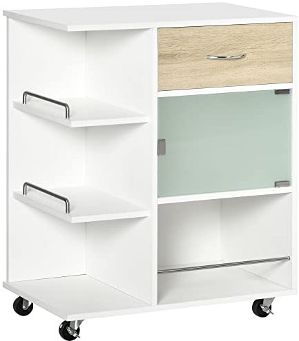 HOMCOM Carrito de Cocina Carrito Auxiliar con 1 Cajón Puerta de Vidrio y Estantes Abiertos Carro Auxiliar con Ruedas para Comedor Salón Baño 65x39x80 cm Natural