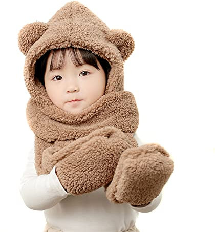 Warme Baby Mütze Schal Set,Baby Mädchen Winter Hüte Schalmütze Wintermütze Warme Kapuzen Schal Handschuhe Plüsch Schlupfmütze Beanie Mütze Verdicken Mütze Halswärmer Set für Jungen Mädchen 1-7 Jahre