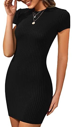 GORGLITTER Women's Sundress Short Sleeve Rib Knit Bodycon Mini Dress Round Neck Basic Pencil T Shirt Dresses Black M