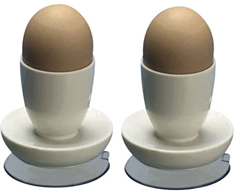 2 x Egg Cups with Suction Base – White Plastic Boiled Egg Holders Kitchen Breakfast Dinnerware Accessory – Each Measure 7 x 6 x 6cm